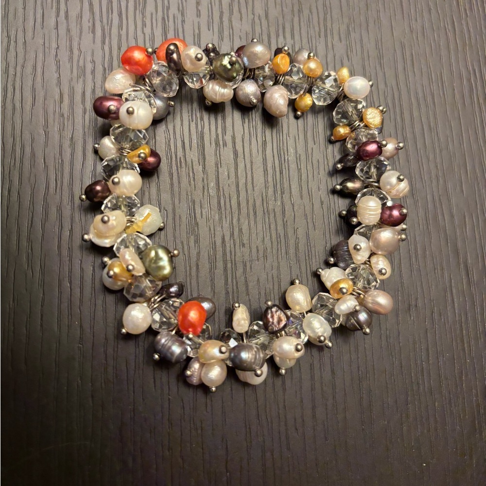 Stretchy pearl, crystal, and silver bracelet